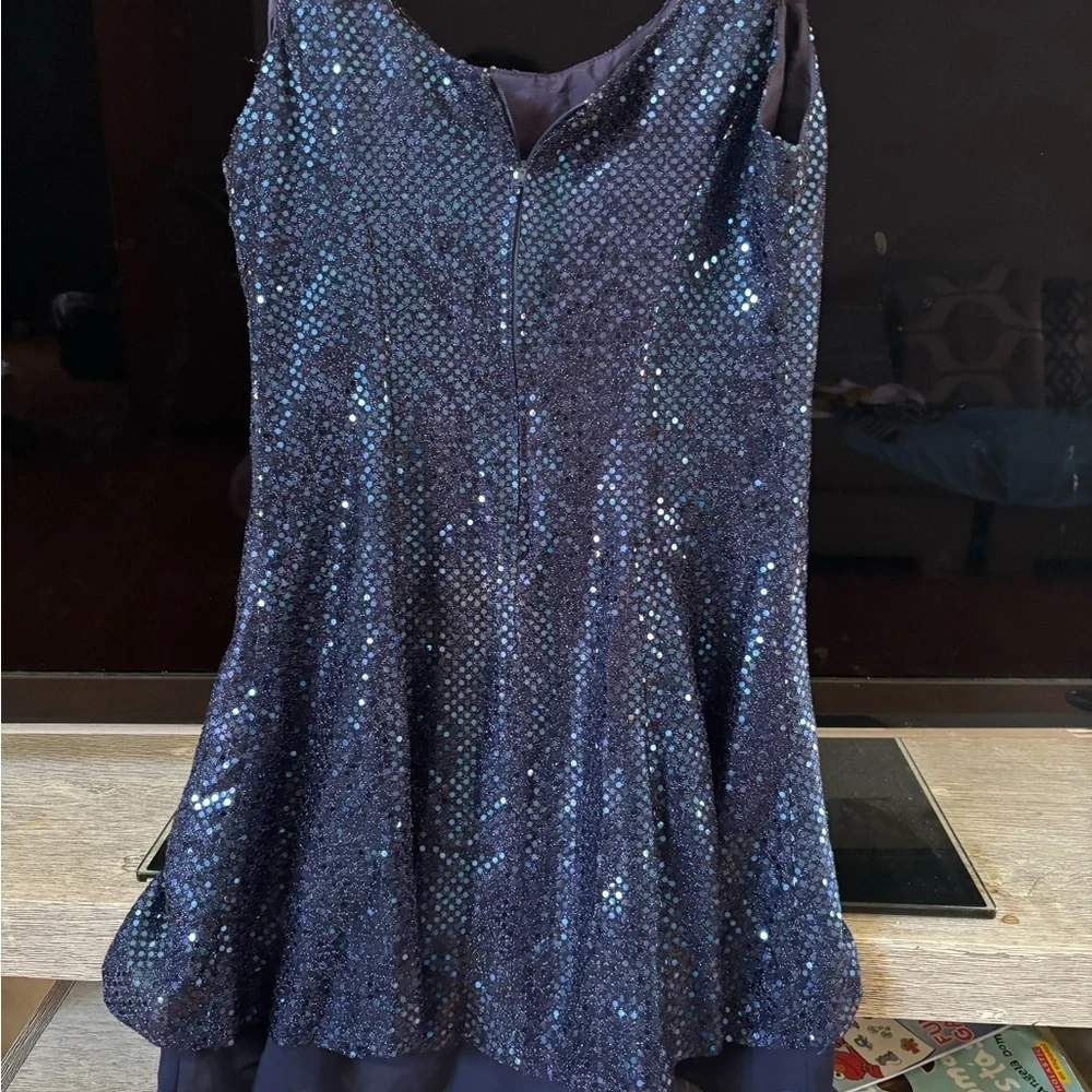 579 Navy Sequin A-Line Party Dress with Chiffon Layer